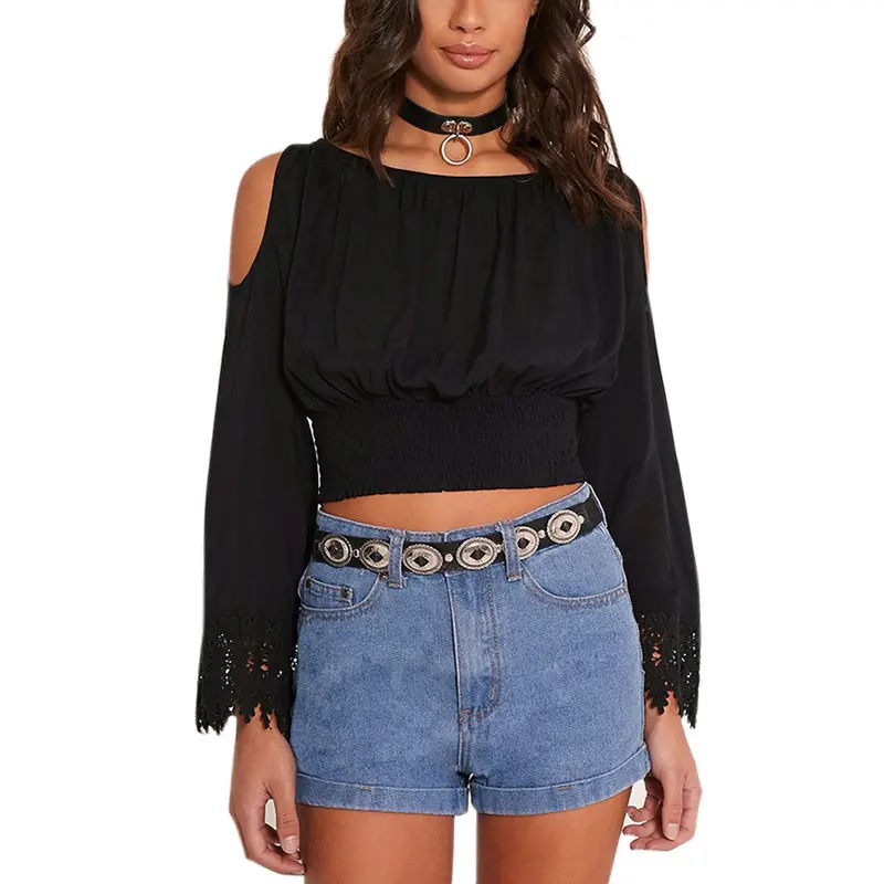 Beach Style O-Neck Long Sleeve Crop Top With Lace Women Casual Blouses 1