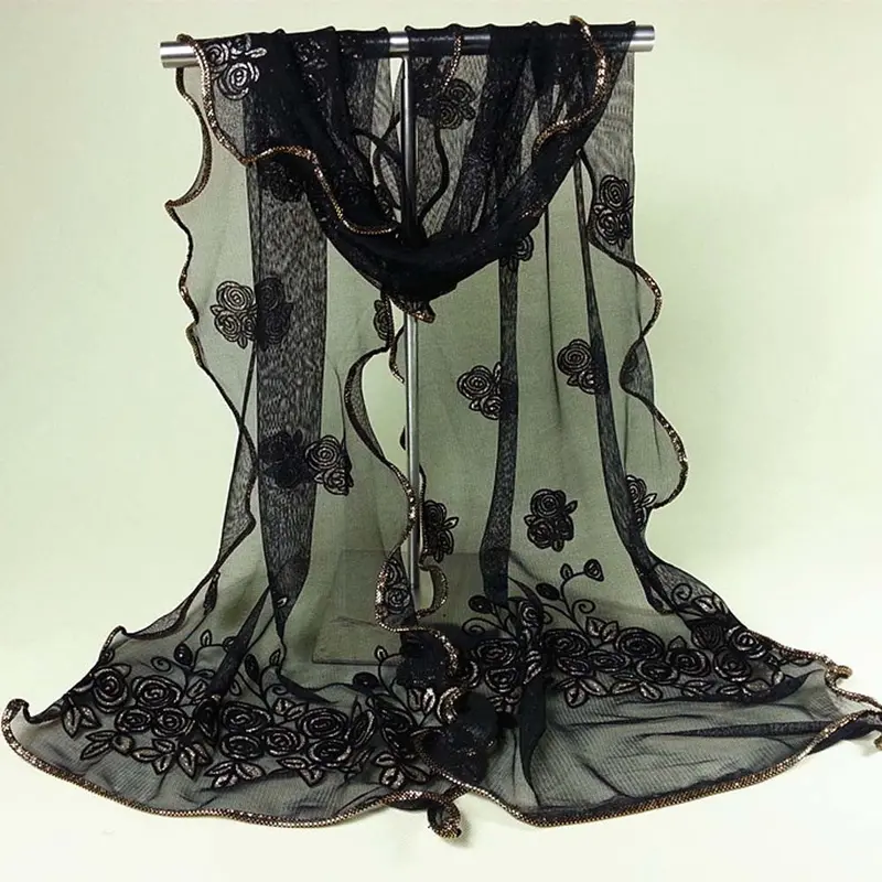 Beach Women Vintage Scarf From India Sexy Poncho Loose Scarves Lace Shawl Gauze Rose Flower Veil Scarfs Wrap 2