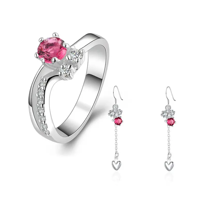 Beautiful Silver Plated Jewelry Sets Red Drop Heart R+E Sets Love 8 4
