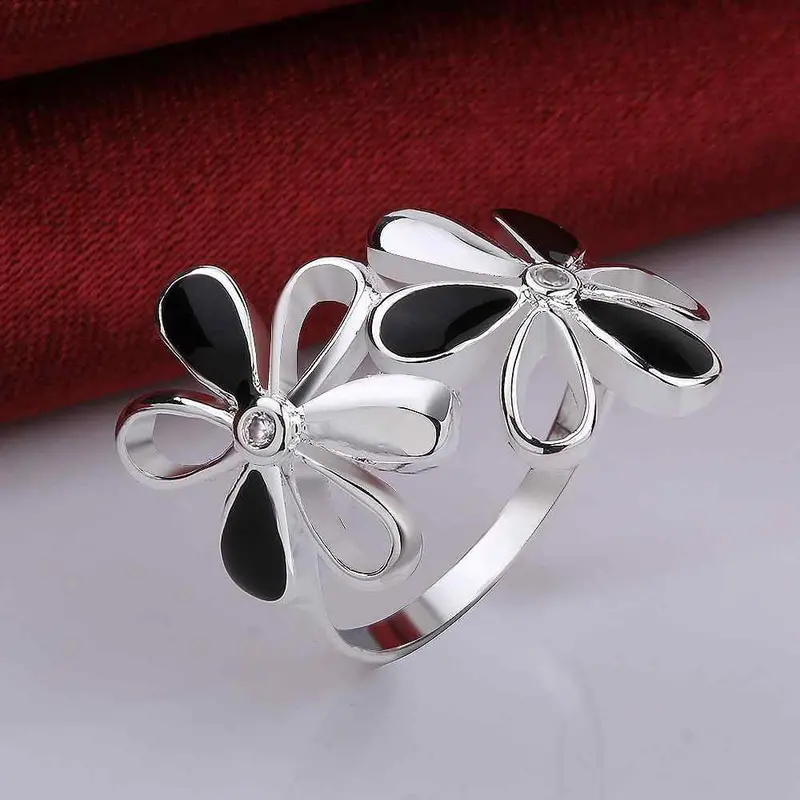 Beautiful Silver Plated Rings For Men Black And White Flowers Anillos Bear Diy 91 7
