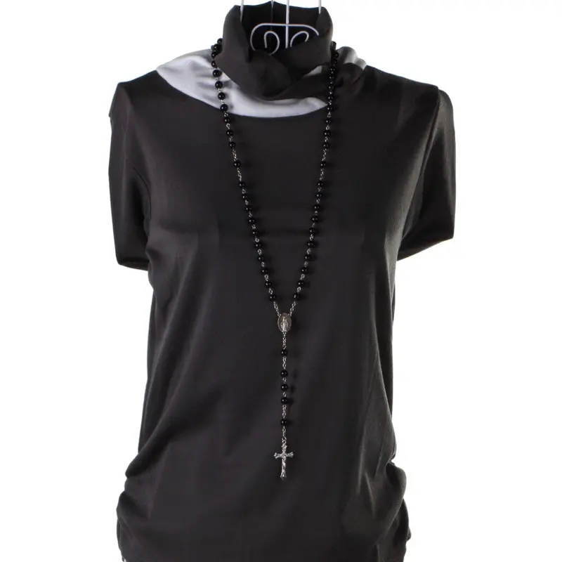 Beckham Cross Pendant Black Rosary Beads Necklace 1