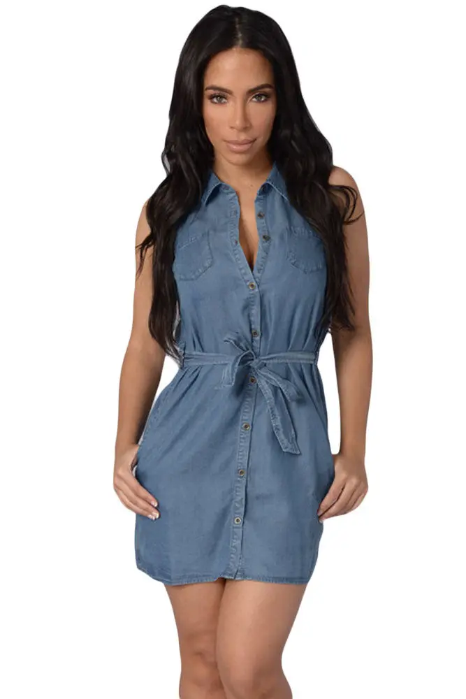 Belt Blue Jeans Tunic Denim Dress Sundress Long Shirt Dress Sleeveless Ladies Mini Dress Sexy Club Wear 1