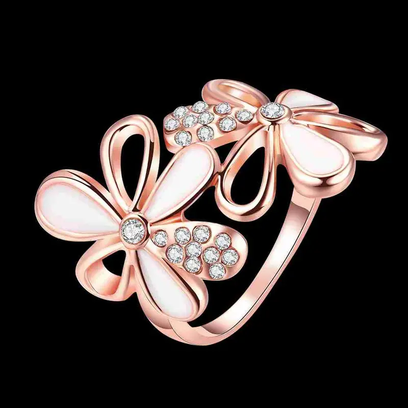 Best Friends 18K Gold Plating Wedding Rings Double Flowers Inlaid Crystal Anel De Ouro Hand Madeball 2