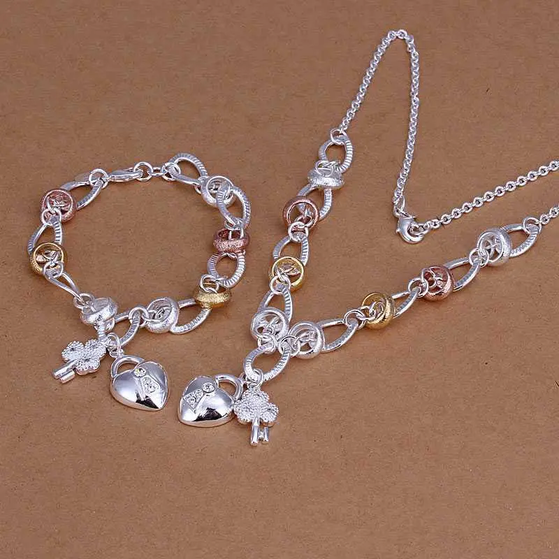 Best Gift Silver Jewelry Sets Insets Heart Lock Necklace&Bracelet Sets Men Jewelry 91 1