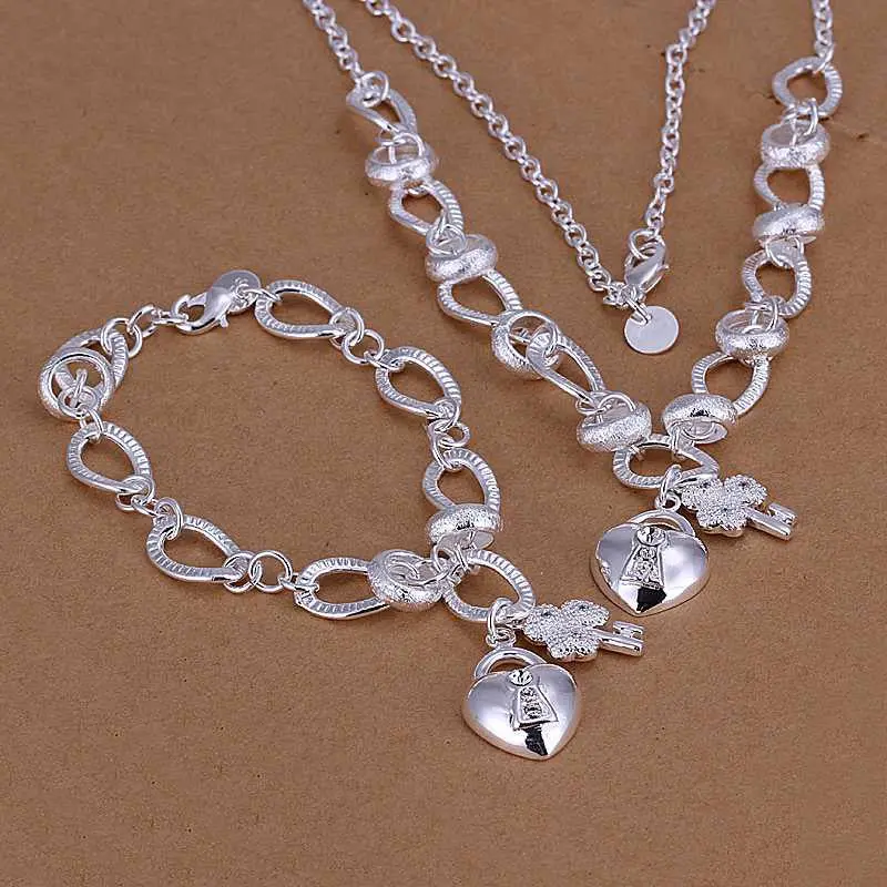 Best Gift Silver Jewelry Sets Insets Heart Lock Necklace&Bracelet Sets Men Jewelry 91 2