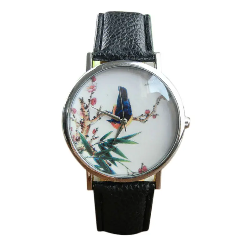Best Quality Platinum Watch Women Pu Leather Wristwatch Casual Dress Watch Reloj Ladies Bird Print Clocks Gifts 1