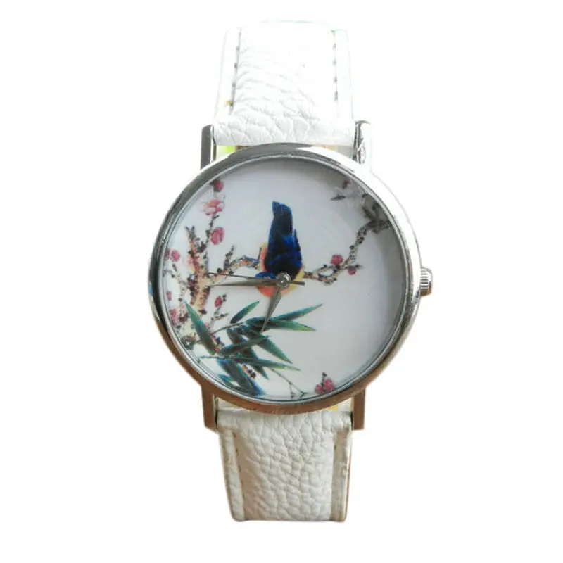 Best Quality Platinum Watch Women Pu Leather Wristwatch Casual Dress Watch Reloj Ladies Bird Print Clocks Gifts 2