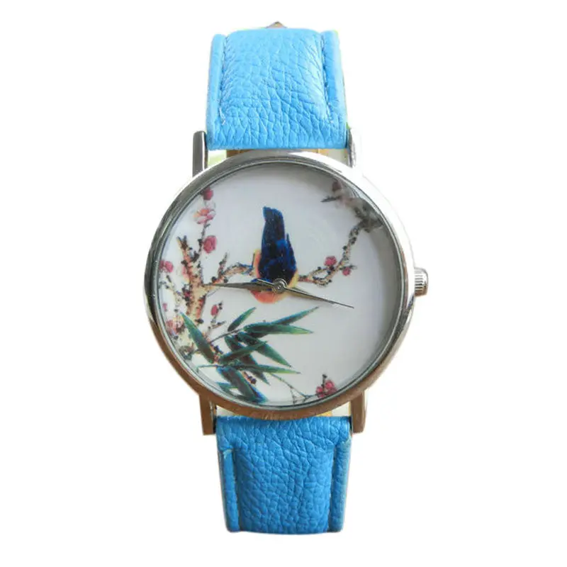 Best Quality Platinum Watch Women Pu Leather Wristwatch Casual Dress Watch Reloj Ladies Bird Print Clocks Gifts 4