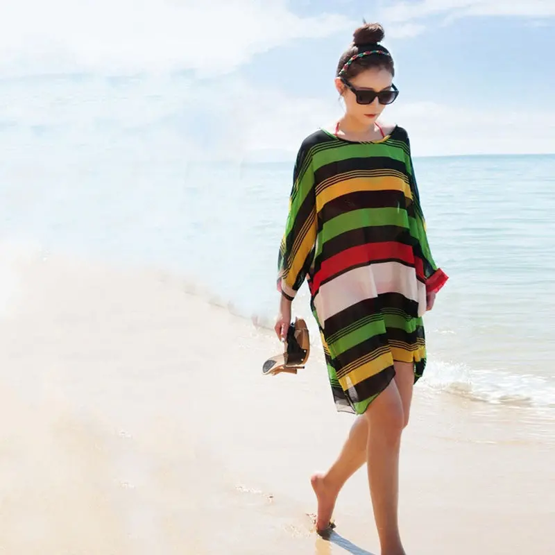 Best Selling Casual Women's Top Women Color Stripe Chiffon Oversized Loose Beach Smock Long Shirts 1