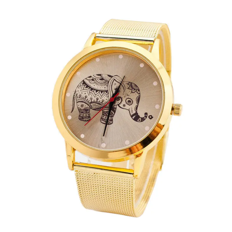 Best Selling Luxury Watch Women Classic Gold Elephant Print Quartz Clock Stainless Steel Mesh Wrist Watch Relogio 1