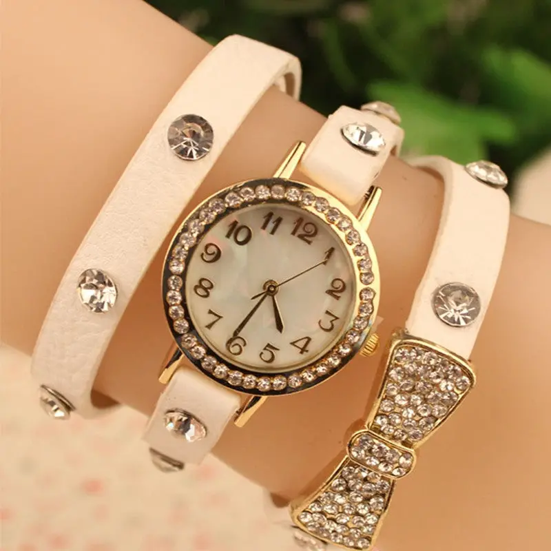 Best Selling Women Leather Bracelet Watch Women Dress Casual Clock Pendant Vintage Bowknot Crystal Quartz Watch Relogio 1