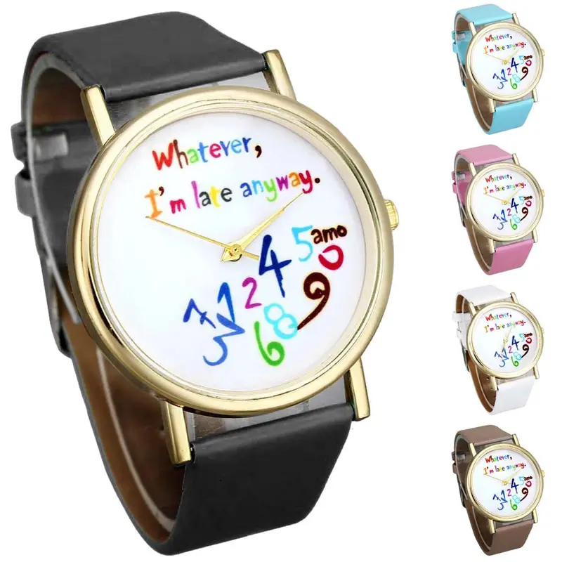Best Selling Women Top Watch Letter Printed Dress Watch Leather Band Quartz Vogue Student Girl Boy Wrist Watch 2