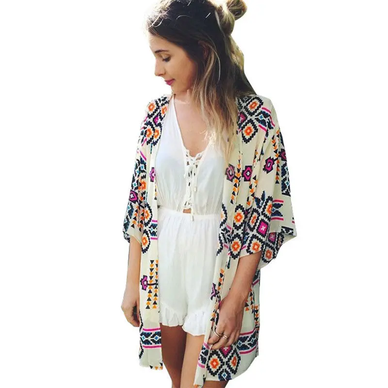 Best Selling Womens Geometry Printed Blusas Chiffon Shawl Kimono Cardigan Tops Cover Up Blouse Casual Beach Outwear 1