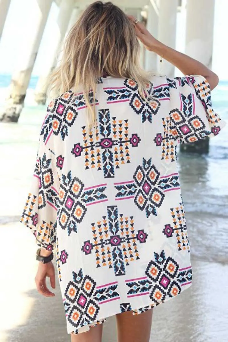 Best Selling Womens Geometry Printed Blusas Chiffon Shawl Kimono Cardigan Tops Cover Up Blouse Casual Beach Outwear 2