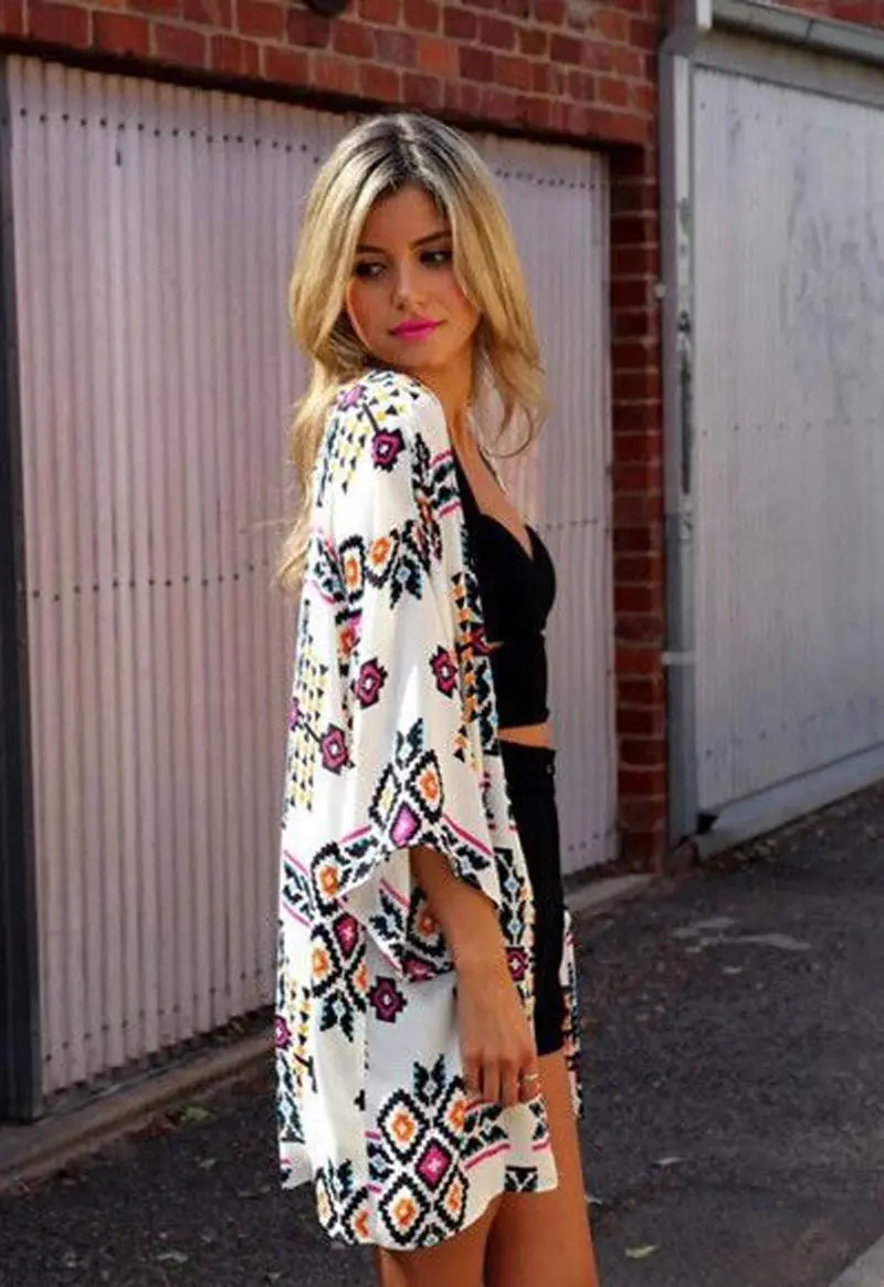Best Selling Womens Geometry Printed Blusas Chiffon Shawl Kimono Cardigan Tops Cover Up Blouse Casual Beach Outwear 3
