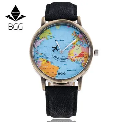 Bgg Women Watches Dress Relogio Montre Clock Men World Map Design Pu Leather Band Analog Quartz Watch 1