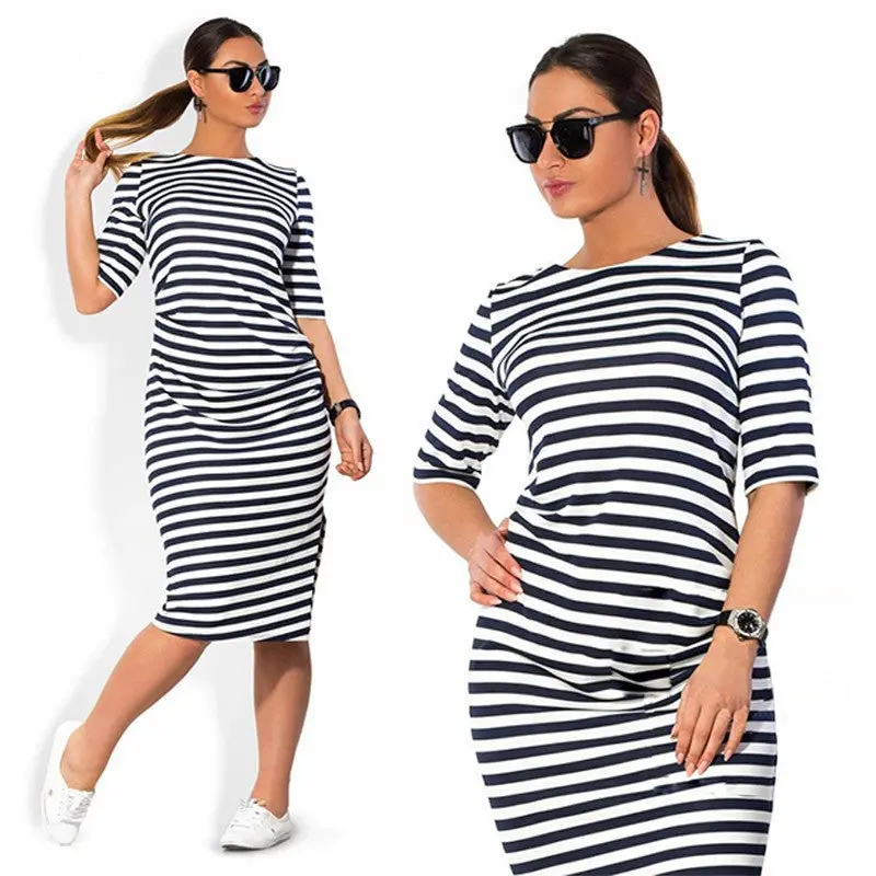 Big Size To 6Xl Women Casual Striped Dress Half Sleeve Mid-Calf Length Dresses Black & White Slim Vestidos M0245 2