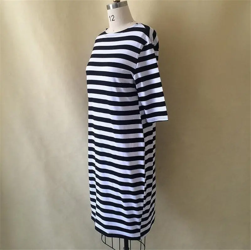 Big Size To 6Xl Women Casual Striped Dress Half Sleeve Mid-Calf Length Dresses Black & White Slim Vestidos M0245 4