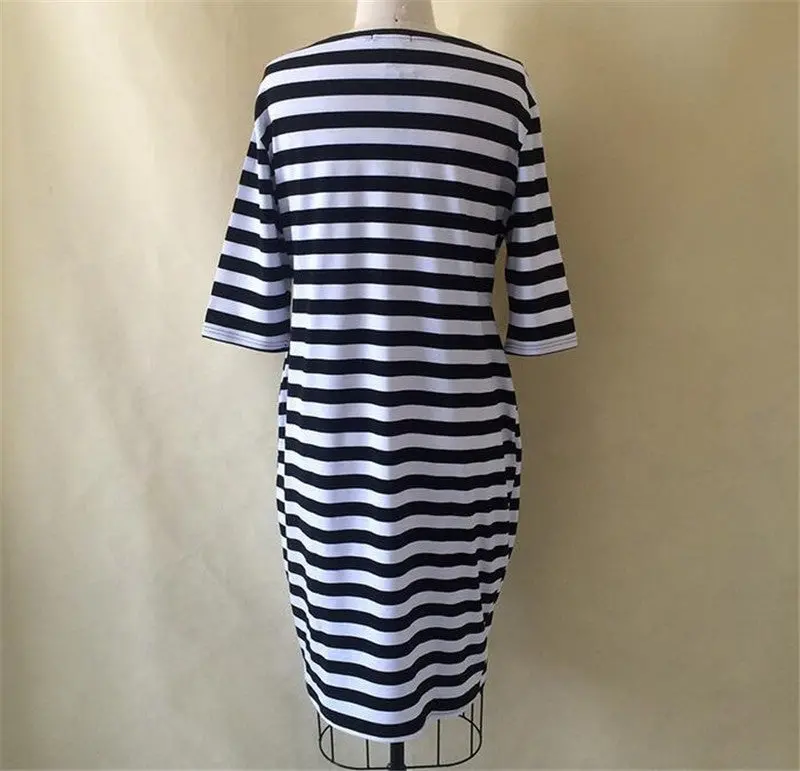 Big Size To 6Xl Women Casual Striped Dress Half Sleeve Mid-Calf Length Dresses Black & White Slim Vestidos M0245 5