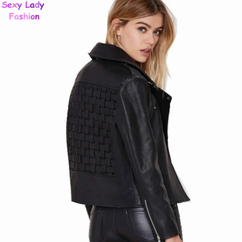 Black Back Weave Faux Leather Jacket Women Pockets Zipper Motorcycle Pu Leather Jackets Cool Biker Coat Outwear 2