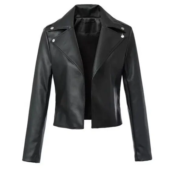 Black Back Weave Faux Leather Jacket Women Pockets Zipper Motorcycle Pu Leather Jackets Cool Biker Coat Outwear 4