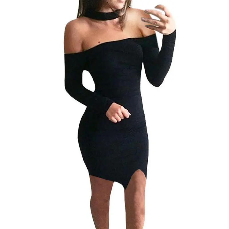 Black Bandage Dress Women Bodycon Club Dress Off Shoulder Long Sleeve Dress Vintage Feida 1