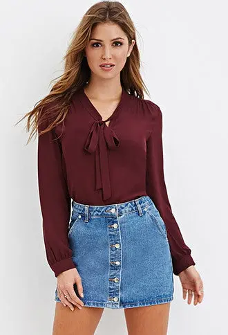 Black Chiffon V-Neck Long Sleeve Blouse – Sophisticated Office-Ready Tie-Up Top