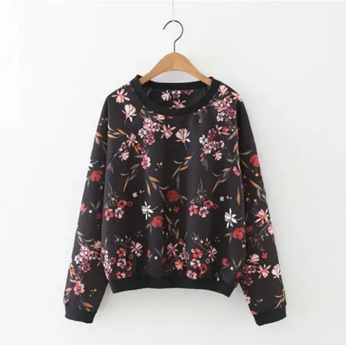 Black Contrast Color Floral Print Sweatshirt Retro Women O Neck Long Sleeve Loose Jumper Pullovers Femme Tops 1