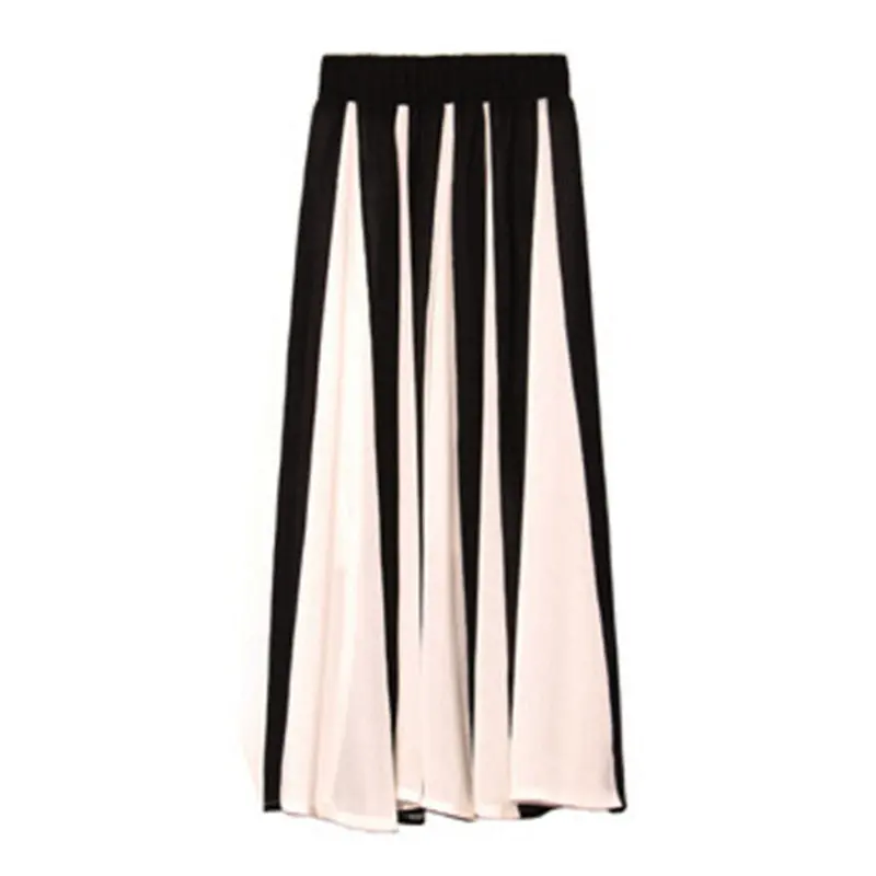Black Contrast White Color Patchwork Skirt Women Vintage Elastic Waist Loose Midi Long Skirts 1