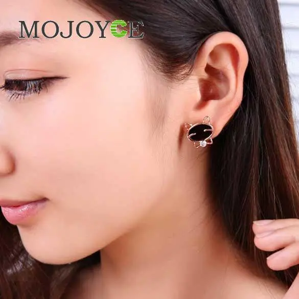 Black Cute Enamel Cat Head Crystal Earrings Ear Studs Women Jewelry 1