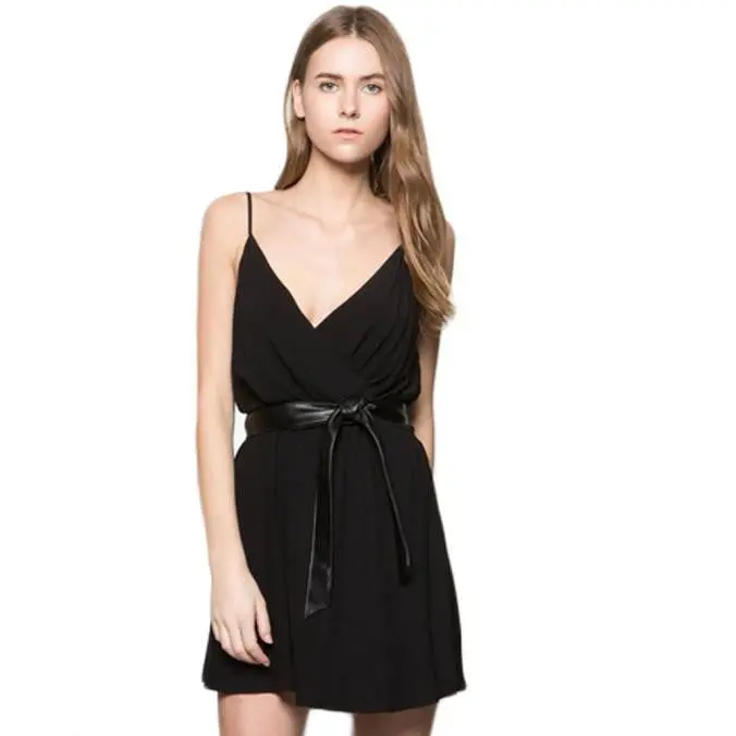 Black Dress Women Sundresses Camisole Chiffon Dress V Collar Beach Dress Robe Feida 1