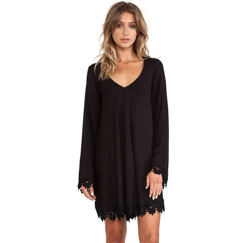 Black Lace Dress Short Skater Long Sleeve Casual Mini Dress A Line Solid Loose Dress For Wo 1