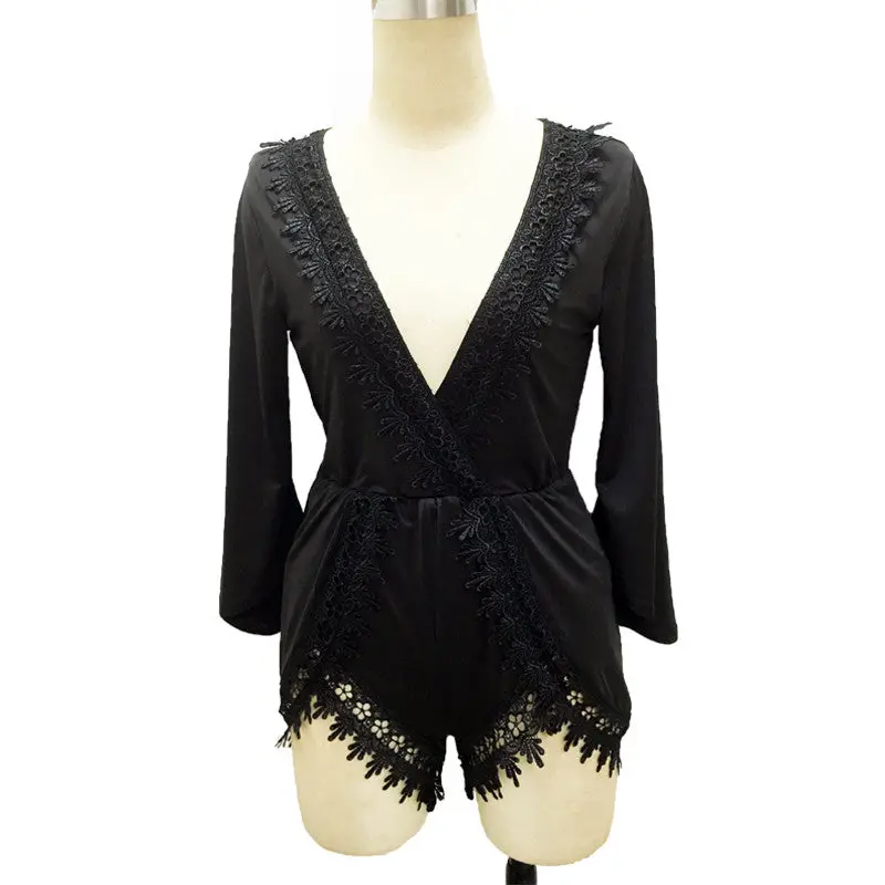Black Lace Patchwork Women Playsuits And Jumpsuits Sexy Deep V Neck Party Night Club Rompers Womens Jumpsuit Slim Romper 1