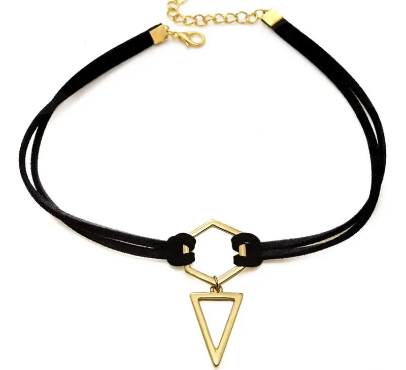 Black Leather Choker Necklace Hexagon With Triangle Pendant Necklace Girls Psxl052 1