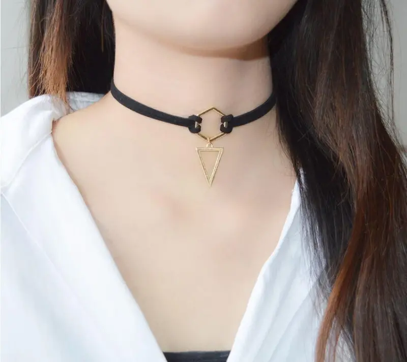 Black Leather Choker Necklace Hexagon With Triangle Pendant Necklace Girls Psxl052 2