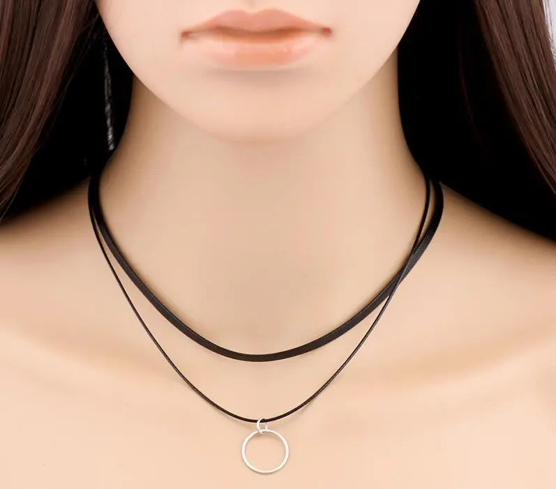 Black Leather Collar Charm Necklace Silver Geometric Circle Pendant Necklace Psxl041 1