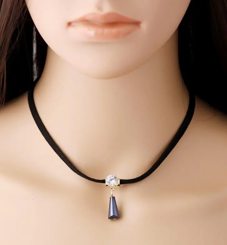 Black Leather Crystal Drop Choker Necklace Psxl046 1