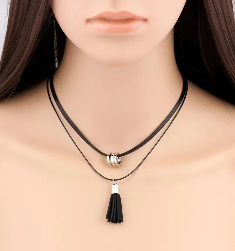 Black Leather Diy Circle Pendant With Tassels Necklace Party Gift Psxl044 1