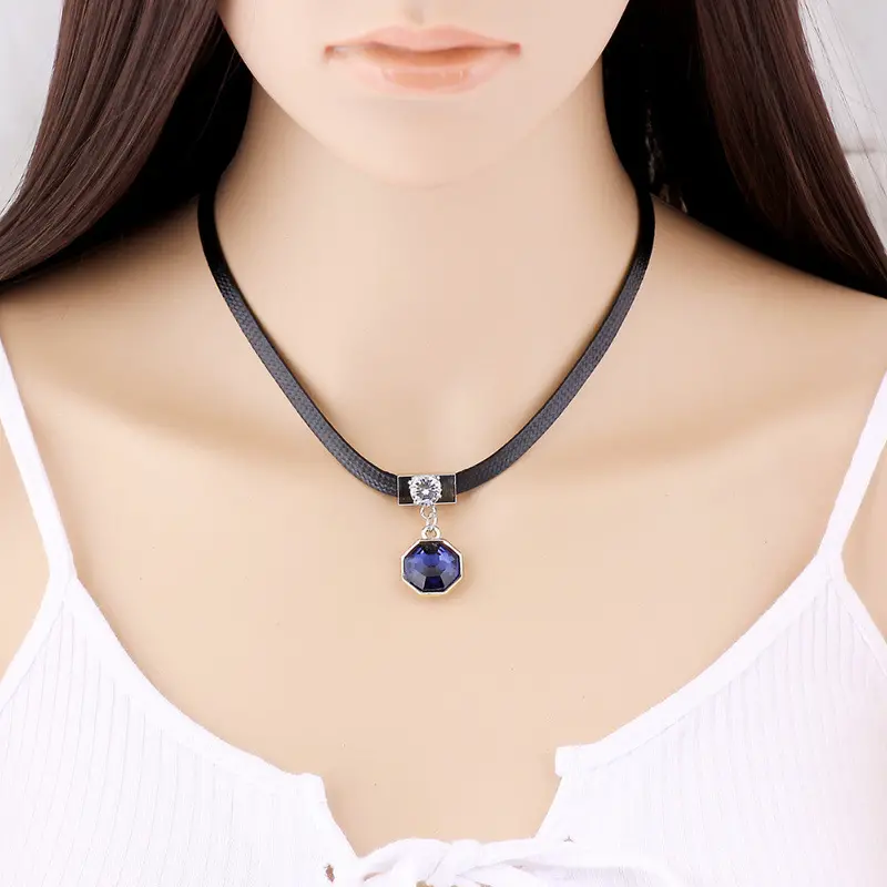 Black Leather Diy With Dark Blue Geometric Stone Necklaces Birthday Gifts Psxl062 1