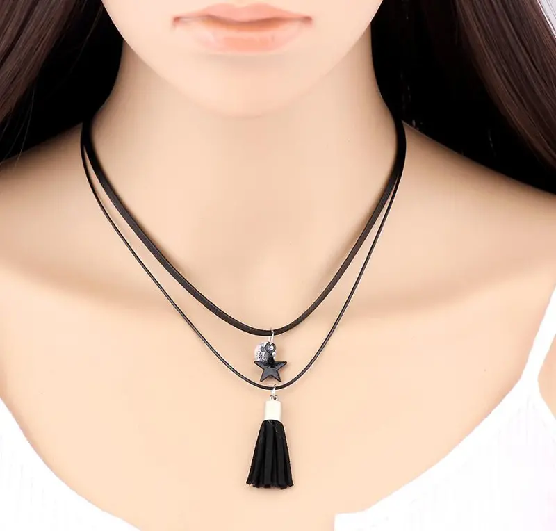 Black Leather Diystar With Tassel Choker Necklaces Birthday Gifts Psxl064 1
