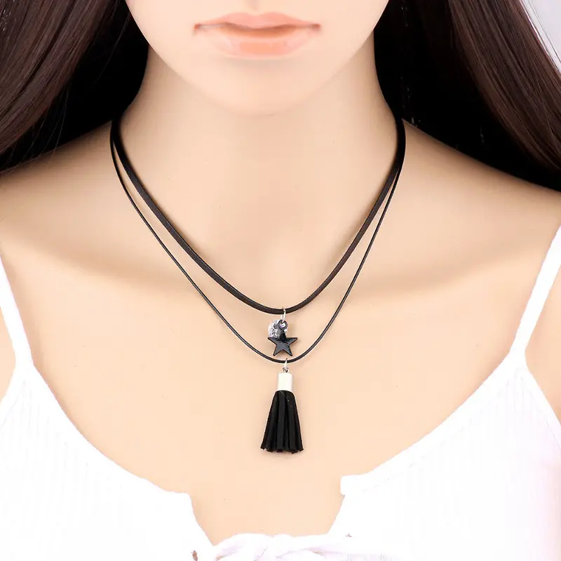 Black Leather Diystar With Tassel Choker Necklaces Birthday Gifts Psxl064 2