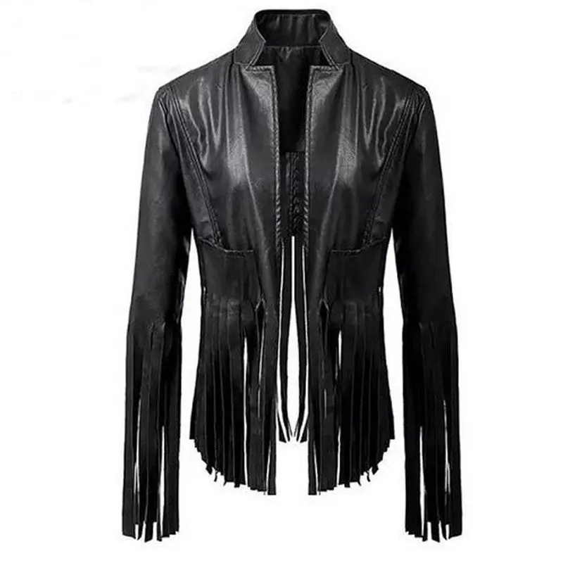 Black Leather Jacket Tassels Punk Motorcycle Women Jacket Slim Fringed Jacket Coat Women Chaquetas Mujer 1