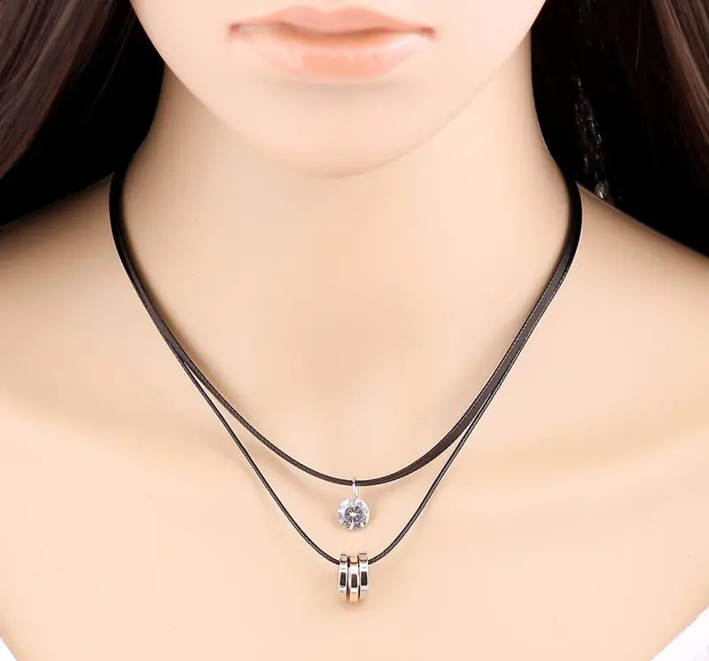 Black Leather With Circle White Stone Choker Necklaces Birthday Gifts Psxl065 1