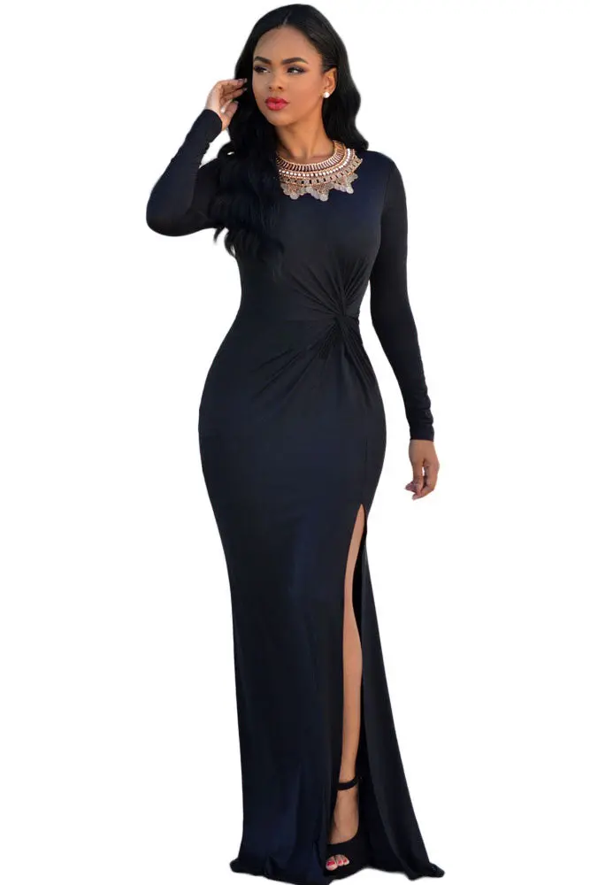 Black Long Sleeve Solid Dress Elegant Long Dress Party Evening Floor Length Long Sleeve Maxi Dress 1