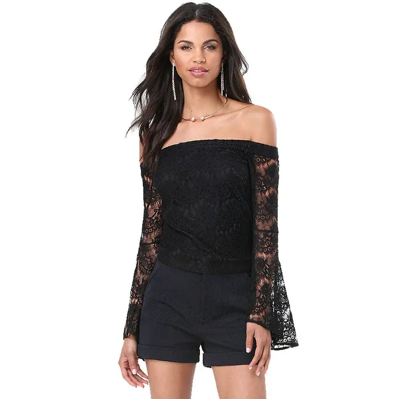 Black Long Sleeve T-Shirt With Lace Slash Neck Off The Shoulder Top For Long Sleeve T Shirt 1