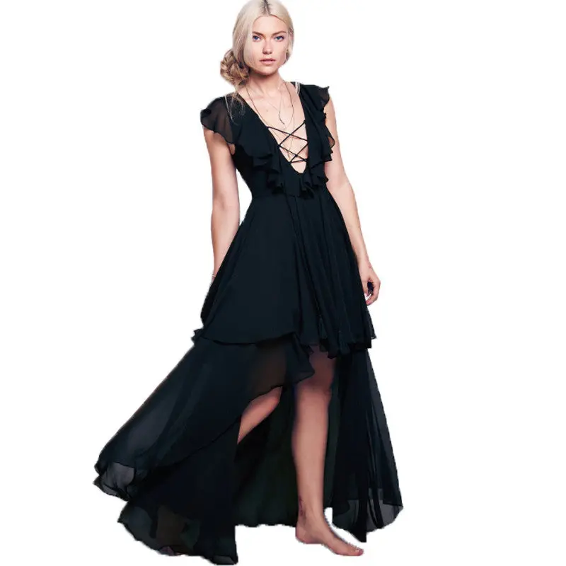 Black Red Sexy Deep V Floor-Length Party Dress Cascading Ruffle Chiffon Maxi Dress Women Low Cut Ruffles Long Dress 1