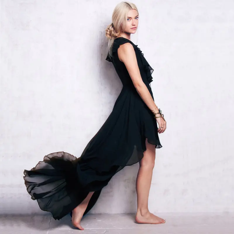 Black Red Sexy Deep V Floor-Length Party Dress Cascading Ruffle Chiffon Maxi Dress Women Low Cut Ruffles Long Dress 3
