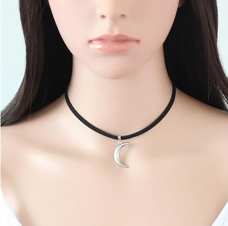 Black Rope Crescent Moon Choker Necklace Birthday Gifts Psxl001 1