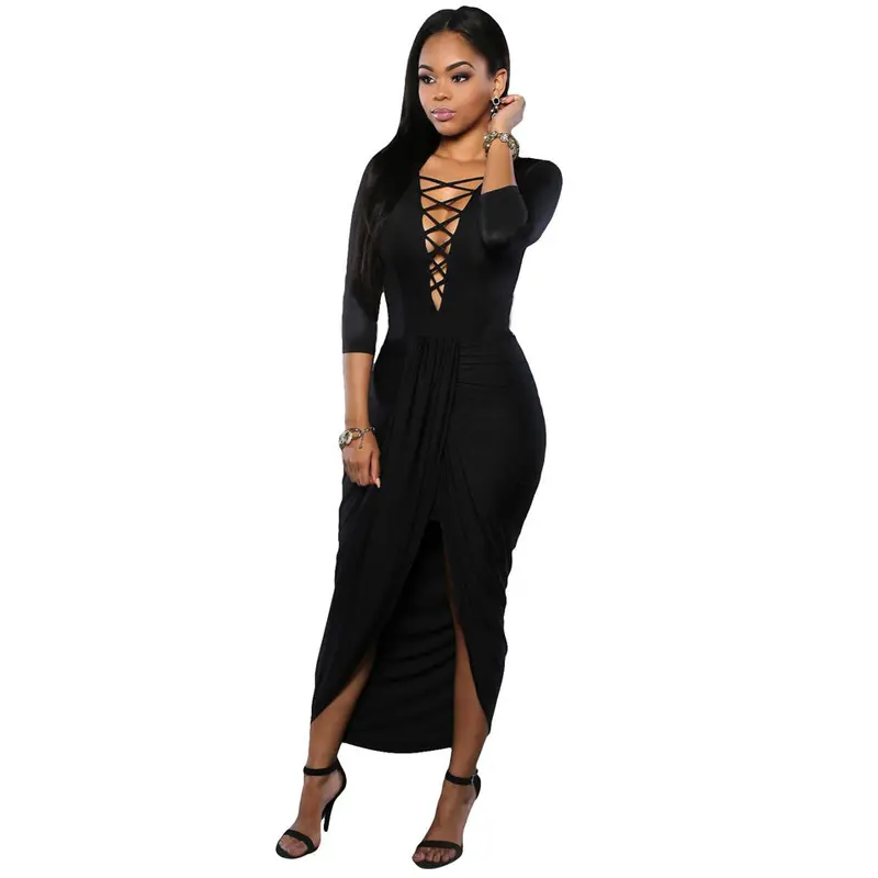 Black Skater Dress For Three Quarter Long Sleeve Maxi Dress Sexy Hollow Out Elegant Party Long Dress 3