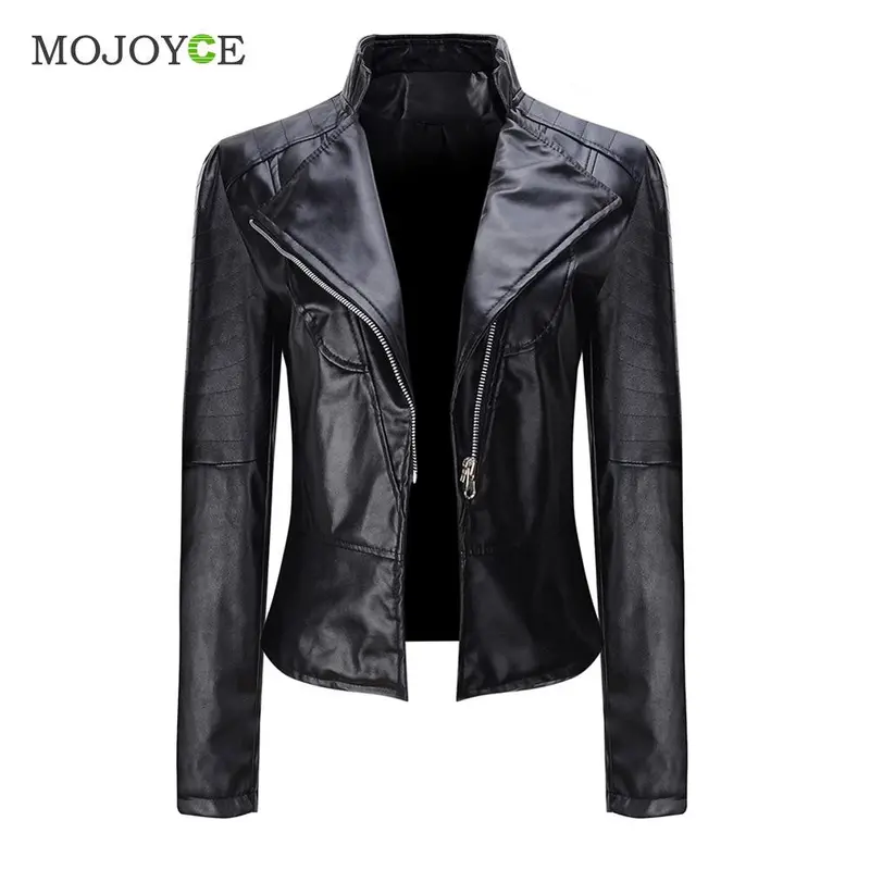 Black Slim Motorcycle Zipper Jacket Soft Pu Leather Short Biker Coat Outwear Biker Jacket Jaqueta Feminina Damen Jacket Women 1